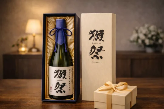 일본 사케 선물용으로 준마이 다이긴죠를 고르는 장면을 보여주는 이미지
