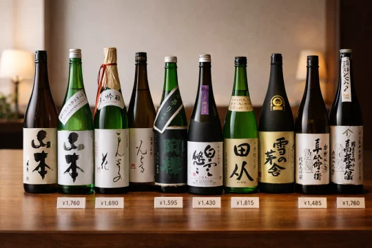 일본 사케 직구를 알아볼 때 가격 차이를 비교하는 다양한 사케 병 이미지