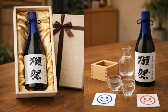 일본 사케 순위에서 프리미엄 병과 음미 세트를 함께 비교하는 장면 이미지