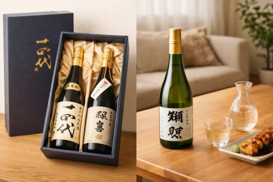 일본 사케 추천 상품을 선물용과 집에서 마시는 용도로 나누어 보여주는 이미지