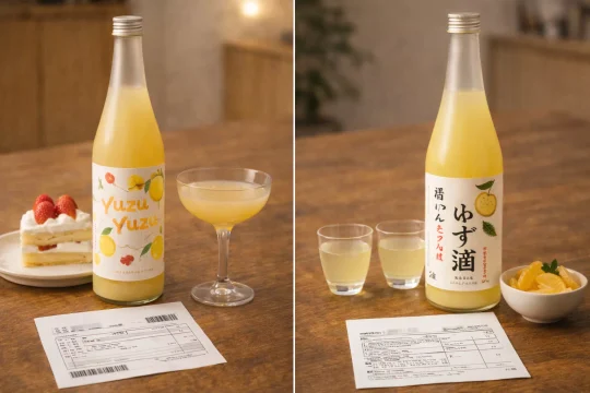 일본 유자 사케의 달콤한 타입과 상큼한 타입을 비교하는 현실적인 이미지