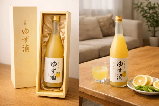 일본 유자 사케를 선물용과 집에서 마시는 용도로 나누어 보여주는 이미지