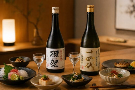 쿠보타 만쥬의 부드러운 맛과 식사 조화를 보여주는 일본 사케 이미지