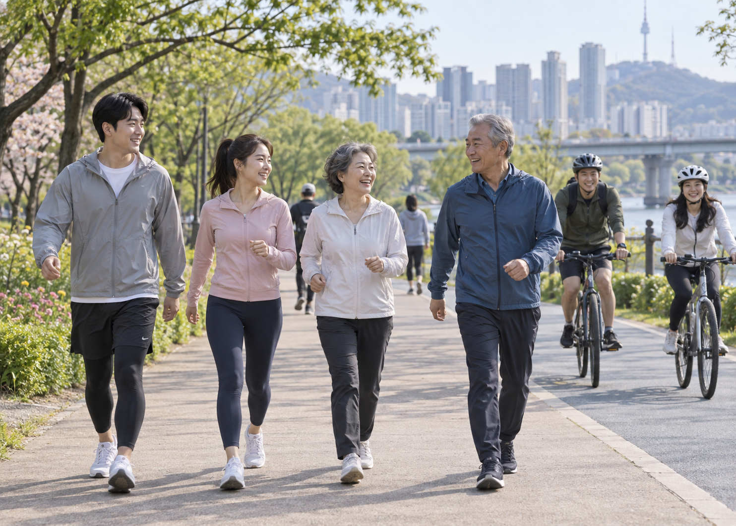 공원에서 빠르게 걷는 유산소 운동
