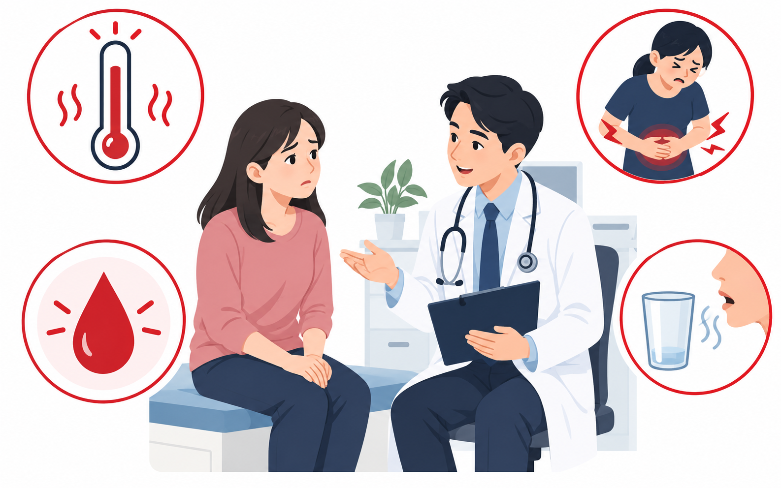 고열과 심한 복통, 혈변, 탈수 증상이 있을 때 의료진 상담이 필요함을 보여주는 이미지