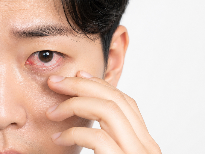 결막염 초기의 충혈, 눈곱 증가, 눈물, 가려움, 이물감과 눈꺼풀 붓기를 설명하는 이미지