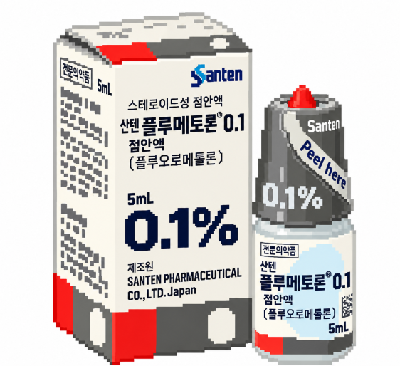 플루오로메톨론 점안제가 스테로이드 작용으로 결막과 각막 주변의 충혈, 부종과 염증 반응을 억제하는 과정을 설명하는 이미지
